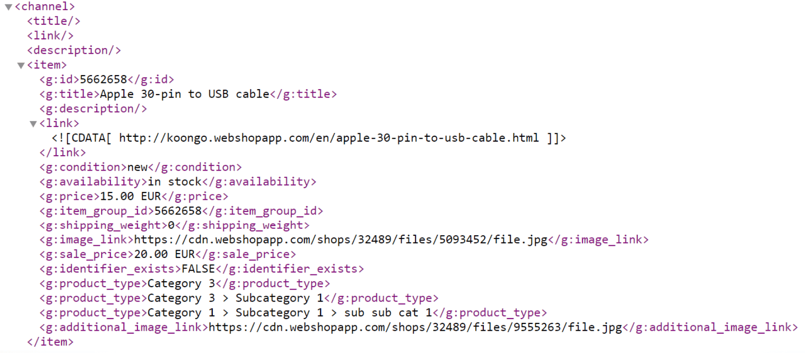 Esempio di feed XML creato dagli strumenti di automazione dei feed di prodotto e di gestione dei feed di dati.  