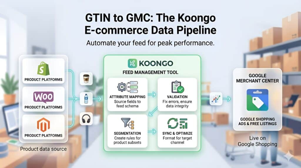 Flusso di lavoro della gestione del feed di Koongo che collega i dati dei prodotti di Shopify, WooCommerce e Magento a Google Merchant Center per gli annunci di Google Shopping e le schede gratuite. Il diagramma mostra il processo automatizzato di ottimizzazione del feed e-commerce, inclusa la mappatura dei GTIN, la convalida del feed di prodotto, la segmentazione, la sincronizzazione e l'ottimizzazione degli attributi per migliorare le performance di Google Shopping e prevenire errori nel feed. 