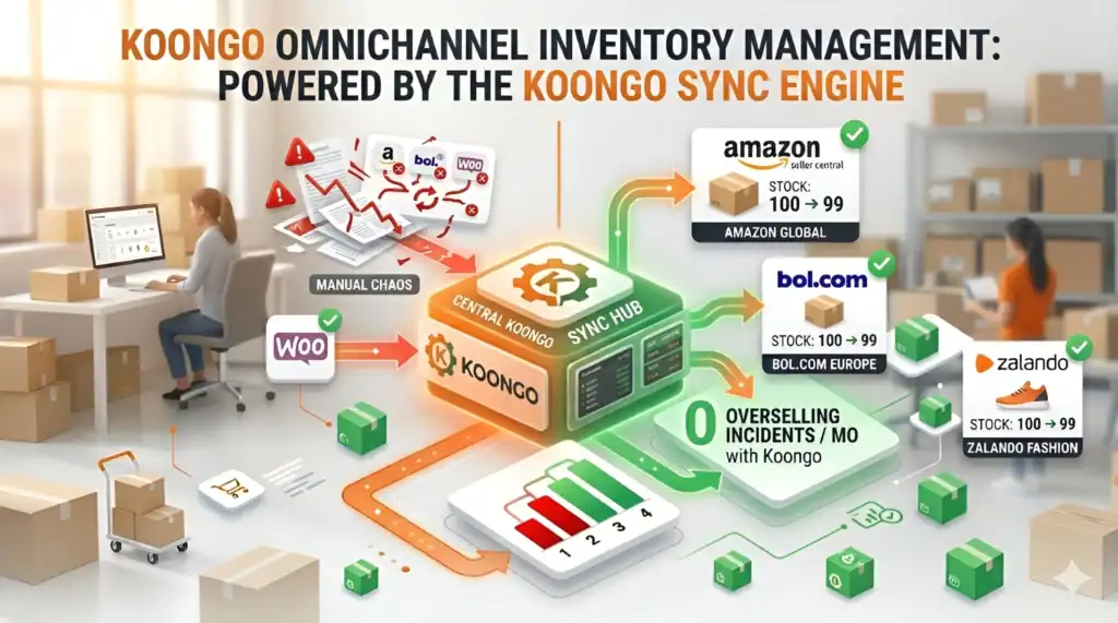 Gestione centralizzata dell'inventario con il motore di sincronizzazione di Koongo che aggiorna automaticamente le scorte su Amazon, bol.com, Zalando e WooCommerce con zero incidenti di overselling