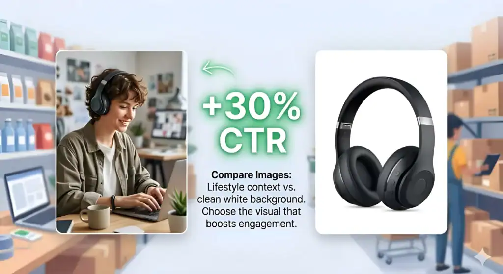 Confronto tra un'immagine di prodotto lifestyle e una foto di prodotto su sfondo bianco pulito per l'ottimizzazione di Google Shopping. L'infografica dimostra come le immagini di prodotto di alta qualità possano migliorare il tasso di clic (CTR) del 30% nella pubblicità e-commerce. Mostra delle cuffie in un contesto lifestyle e un'immagine isolata in studio per migliori performance del feed di Google Shopping, visibilità del prodotto e ottimizzazione delle conversioni.  