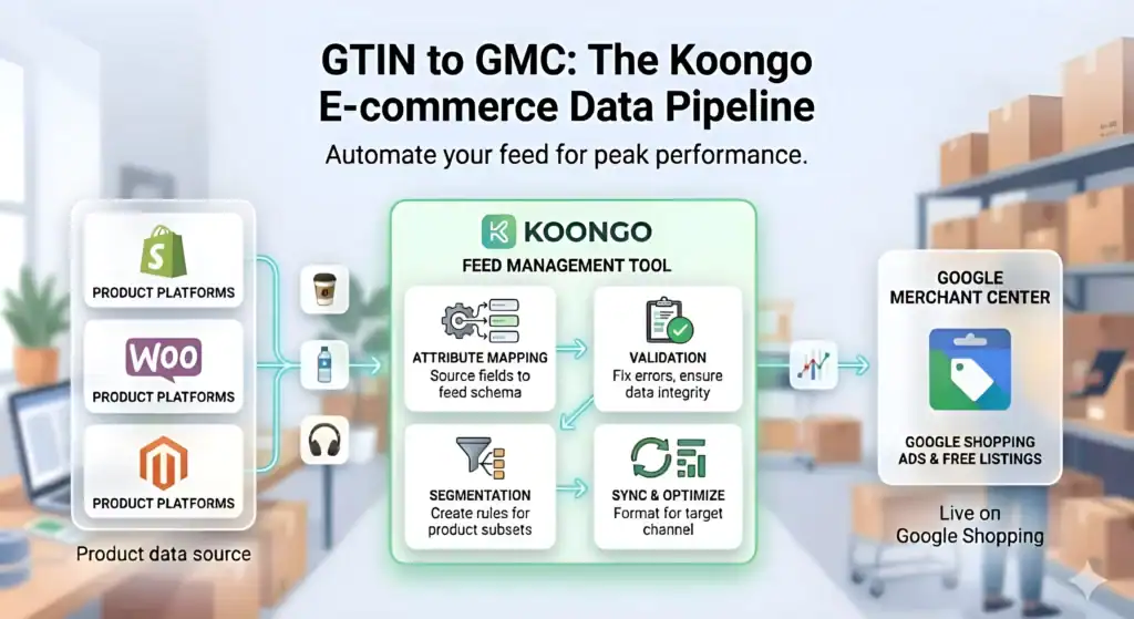 Flusso di lavoro della gestione del feed di Koongo che collega i dati dei prodotti di Shopify, WooCommerce e Magento a Google Merchant Center per gli annunci di Google Shopping e le schede gratuite. Il diagramma mostra il processo automatizzato di ottimizzazione del feed e-commerce, inclusa la mappatura dei GTIN, la convalida del feed di prodotto, la segmentazione, la sincronizzazione e l'ottimizzazione degli attributi per migliorare le performance di Google Shopping e prevenire errori nel feed. 