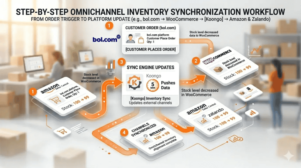 Flusso di lavoro della sincronizzazione dell'inventario omnichannel dall'ordine del cliente agli aggiornamenti automatici delle scorte su Amazon, bol.com, WooCommerce e Zalando