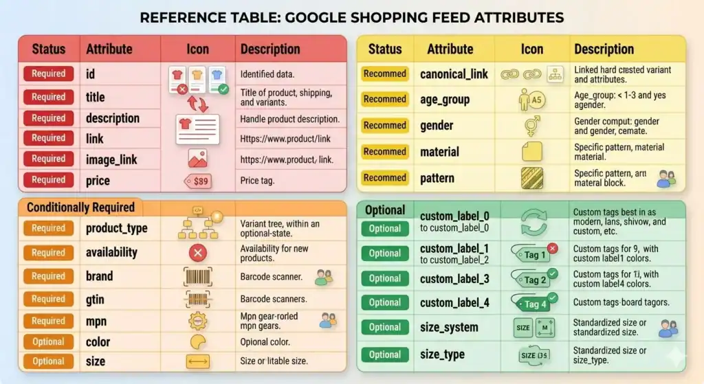 Tabella di riferimento degli attributi del feed di Google Shopping che mostra i campi obbligatori, condizionalmente obbligatori, consigliati e facoltativi come titolo, descrizione, GTIN, marchio, disponibilità, etichette personalizzate e attributi di taglia, con icone e descrizioni per ogni tipo di attributo.