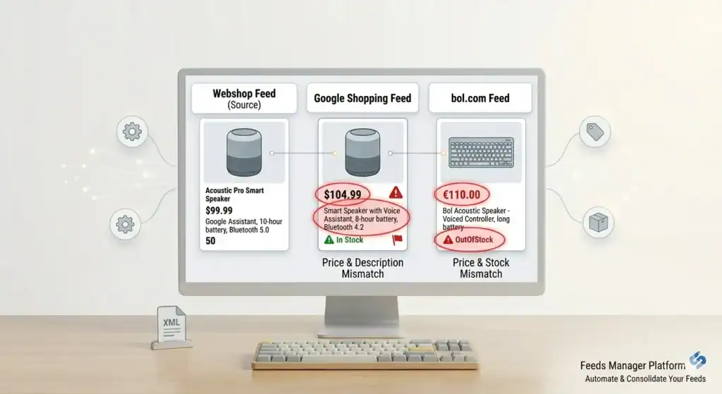 Illustrazione di un feed di prodotto multi-canale che mostra dati di prodotto non corrispondenti tra un feed sorgente del negozio online, un feed di Google Shopping e un feed di bol.com, evidenziando incongruenze di prezzo, discrepanze di magazzino ed errori di sincronizzazione del feed di prodotto tra le piattaforme e-commerce.
