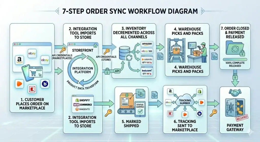 Diagramma del flusso di lavoro di sincronizzazione degli ordini in 7 passaggi che mostra come gli ordini del marketplace vengono elaborati attraverso un sistema di integrazione e-commerce. Il passaggio 1 mostra un cliente che effettua un ordine su marketplace come Amazon, eBay, Zalando, Kaufland e Bol.com. Il passaggio 2 mostra una piattaforma di integrazione che importa gli ordini in sistemi di vetrina come Shopify, WooCommerce e Magento utilizzando credenziali API. Il passaggio 3 mostra l'inventario aggiornato automaticamente su tutti i canali di vendita. Il passaggio 4 illustra il personale del magazzino che preleva e imballa l'ordine. Il passaggio 5 contrassegna l'ordine come spedito. Il passaggio 6 invia le informazioni di tracciamento ai marketplace. Il passaggio 7 chiude l'ordine e rilascia il pagamento attraverso il gateway di pagamento.       