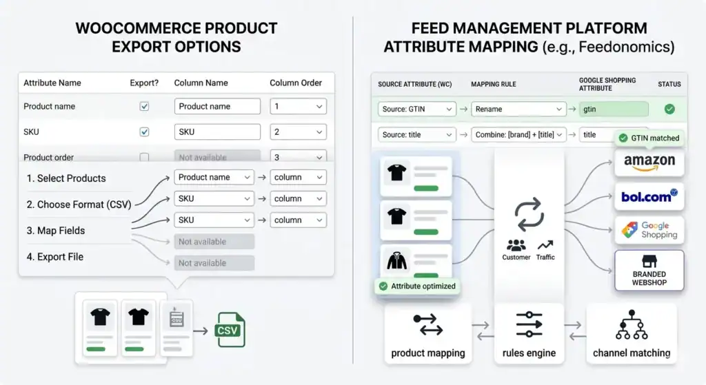 Confronto affiancato delle opzioni di esportazione dei prodotti WooCommerce e dell'interfaccia di mappatura degli attributi di una piattaforma di gestione dei feed, che mostra come i dati dei prodotti vengono mappati, ottimizzati e sincronizzati con Google Shopping, Amazon, bol.com e negozi web di marca.