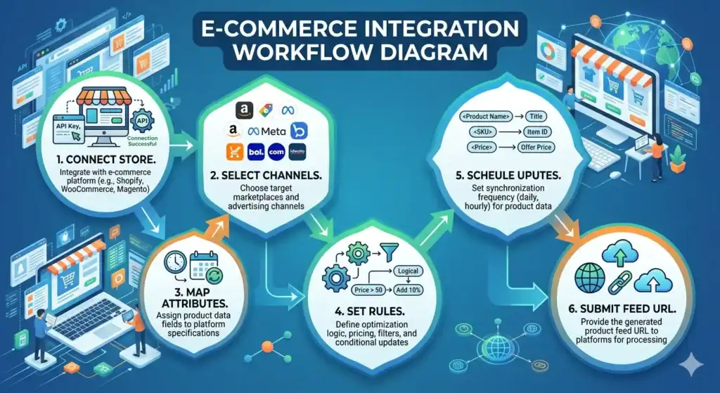 Diagramma del flusso di lavoro di integrazione e-commerce che mostra il processo completo di gestione dei feed di prodotto per la vendita multicanale. L'illustrazione spiega come i negozi Shopify, WooCommerce e Magento si connettono ai marketplace e ai canali pubblicitari, tra cui Amazon, Meta Ads, bol.com, Google Shopping e Idealo. Il flusso di lavoro include la mappatura degli attributi dei prodotti, le regole di ottimizzazione dei feed, la pianificazione della sincronizzazione dell'inventario, la trasformazione dei dati dei prodotti, gli aggiornamenti automatici dei feed e l'invio dell'URL del feed per l'integrazione con i marketplace e l'automazione delle inserzioni di prodotti.  