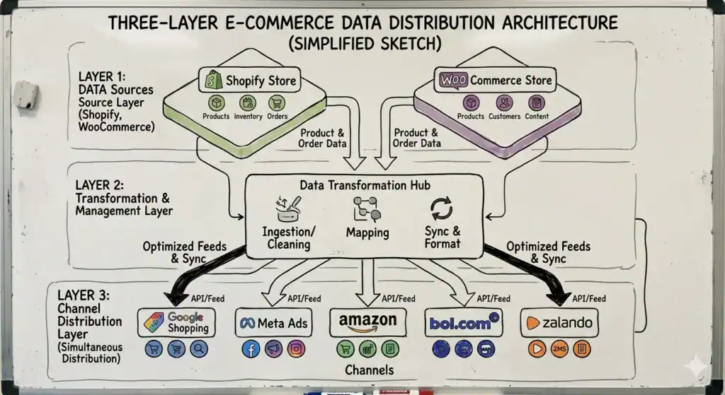 Diagramma di un'architettura a tre livelli per la distribuzione dei dati e-commerce. Il primo livello è costituito dalle fonti di dati: Shopify Store e WooCommerce Store contenenti prodotti, inventario, ordini, clienti e contenuti. I dati fluiscono nel secondo livello, il Data Transformation Hub, dove avvengono l'ingestione, la pulizia, la mappatura e la sincronizzazione dei dati. Successivamente, i feed ottimizzati vengono distribuiti al terzo livello di canali tramite API, tra cui Google Shopping, Meta Ads, Amazon, bol.com e Zalando. Il diagramma illustra la gestione centralizzata e la distribuzione simultanea dei dati e-commerce su più piattaforme.    
