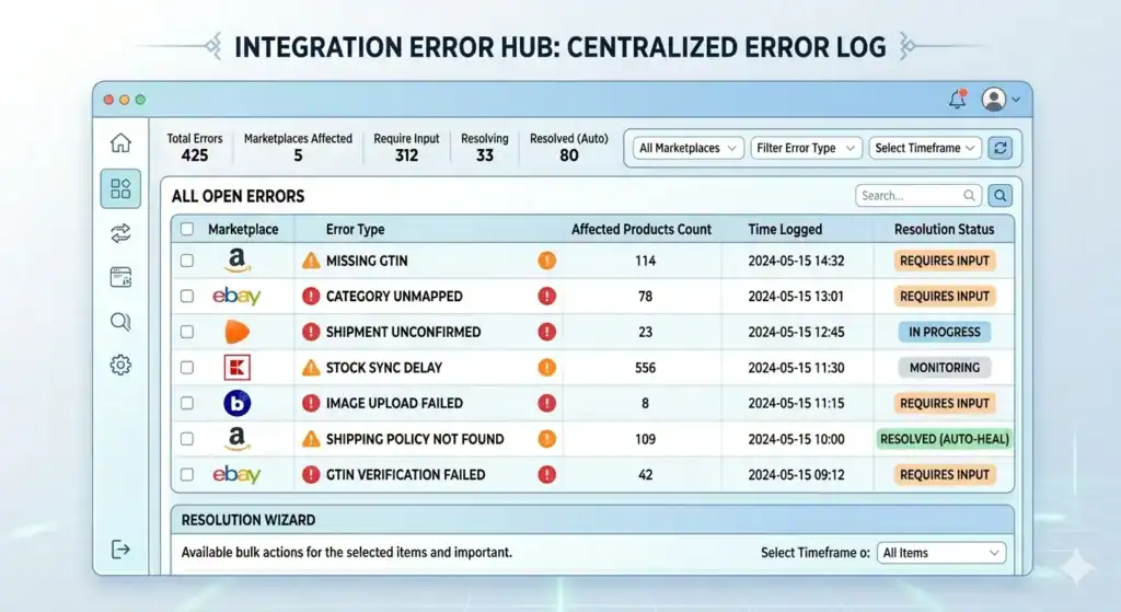 Interfaccia dashboard intitolata "Integration Error Hub: Centralized Error Log" che mostra problemi di integrazione con i marketplace su più piattaforme e-commerce. Lo schermo mostra statistiche sugli errori inclusi errori totali, marketplace interessati e articoli che richiedono input. Una tabella centrale elenca errori aperti da Amazon, eBay, Zalando, Kaufland e Bol.com, con problemi come GTIN mancante, categoria non mappata, spedizione non confermata, ritardo sincronizzazione stock, caricamento immagine fallito e verifica GTIN fallita. Ogni riga include il conteggio dei prodotti interessati, timestamp e stato di risoluzione come "Richiede Input", "In Corso", "Monitoraggio" o "Risolto (Auto-Heal)". L'interfaccia include anche filtri, funzionalità di ricerca e una sezione wizard di risoluzione per azioni in blocco.    