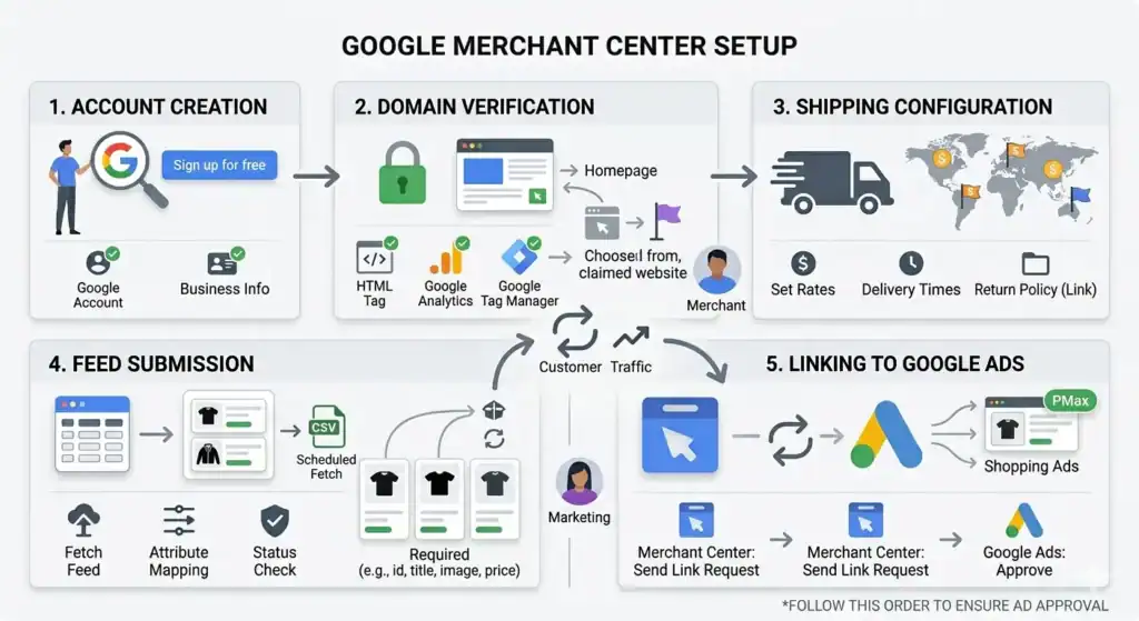 Diagramma passo-passo della configurazione di Google Merchant Center che mostra la creazione dell'account, la verifica del dominio, la configurazione della spedizione, l'invio del feed di prodotto e il collegamento di Merchant Center a Google Ads per le campagne Shopping e gli annunci Performance Max.