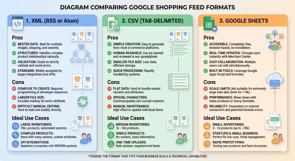Infografica che confronta i formati dei feed di Google Shopping: XML, CSV e Fogli Google, inclusi pro, contro e casi d'uso ideali per diverse dimensioni di negozi e-commerce ed esigenze di automazione.