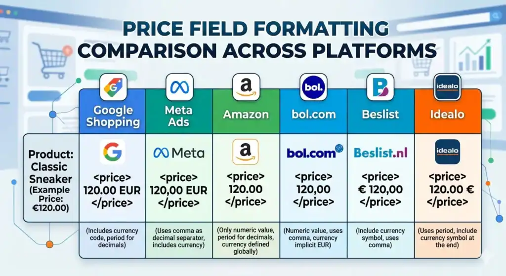 Tabella di confronto che mostra come i campi del prezzo del prodotto devono essere formattati in modo diverso tra piattaforme e-commerce e marketplace, tra cui Google Shopping, Meta Ads, Amazon, bol.com, Beslist e Idealo. Il diagramma spiega le regole di formattazione degli attributi del prezzo nel feed di prodotto, le differenze nella struttura dei prezzi XML, i requisiti di formattazione della valuta, i separatori decimali, le specifiche dei feed per i marketplace e la mappatura dei dati dei prodotti cross-platform per la gestione dei feed e-commerce multicanale. 
