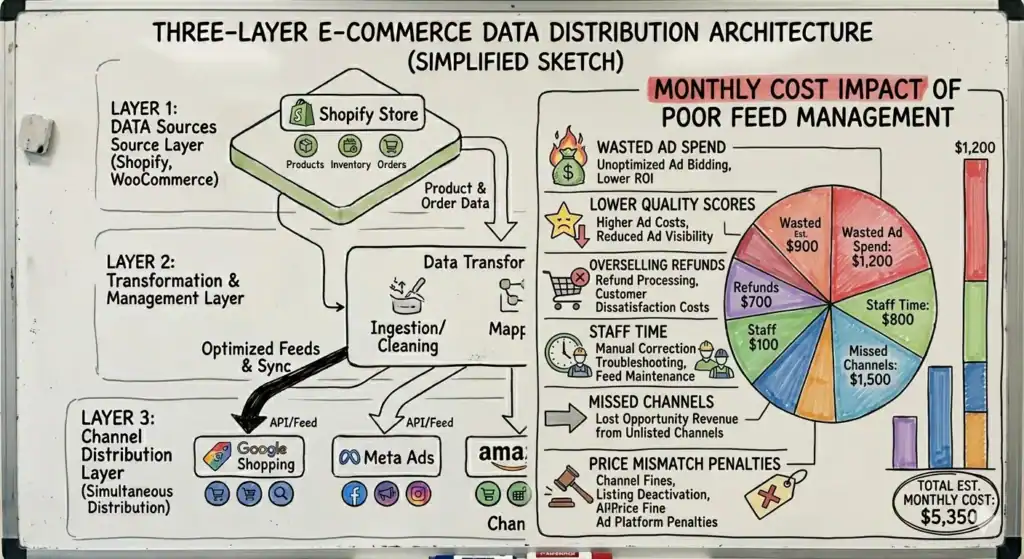 Testo alternativo:
Infografica disegnata a mano intitolata “Architettura di distribuzione dei dati e-commerce a tre livelli (schizzo semplificato)” visualizzata su una lavagna. Sul lato sinistro, il diagramma spiega un sistema a tre livelli per la distribuzione dei dati e-commerce. Il Livello 1 mostra le fonti di dati come Shopify Store e WooCommerce contenenti prodotti, inventario e ordini. Le frecce portano al Livello 2, una sezione di “Trasformazione dei dati” dove avvengono l'ingestione, la pulizia, la mappatura e la sincronizzazione dei dati. I feed ottimizzati vengono poi distribuiti tramite API ai canali del Livello 3, tra cui Google Shopping, Meta Ads e Amazon.    

Sul lato destro, una sezione intitolata “Impatto dei costi mensili di una cattiva gestione dei feed” illustra le perdite aziendali causate da una cattiva gestione dei feed di prodotto. Elenca problemi come spesa pubblicitaria sprecata, punteggi di qualità inferiori, rimborsi per overselling, tempo del personale, canali di vendita persi e penalità per discrepanza di prezzo. Un grafico a torta colorato e un grafico a barre visualizzano le perdite mensili stimate, con il costo mensile totale stimato indicato come 5.350 $.  
