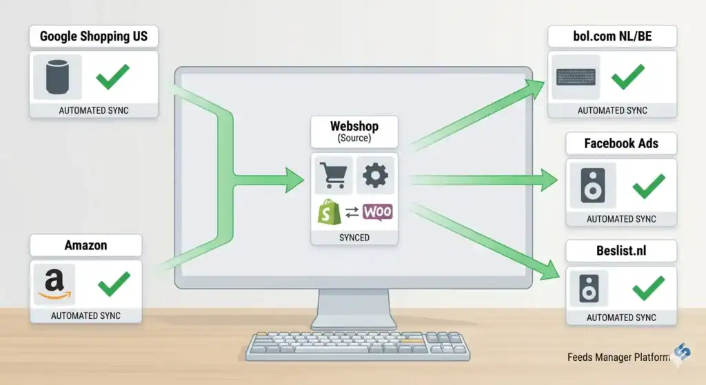 Diagramma che mostra la sincronizzazione automatizzata del feed di prodotto multi-canale da una sorgente del negozio online a Google Shopping, Amazon, bol.com, Facebook Ads e Beslist.nl, con gestione centralizzata dell'inventario e dei dati dei prodotti su più piattaforme e-commerce.