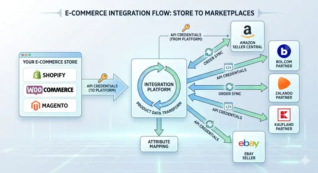 Diagramma che illustra il flusso di integrazione tra un negozio e-commerce e più piattaforme marketplace. A sinistra ci sono Shopify, WooCommerce e Magento collegati tramite credenziali API a una piattaforma di integrazione centrale. La piattaforma gestisce la trasformazione dei dati dei prodotti, la sincronizzazione degli ordini e la mappatura degli attributi. A destra ci sono Amazon Seller Central, Bol.com Partner, Zalando Partner, Kaufland Partner ed eBay Seller, collegati tramite credenziali API e processi di sincronizzazione degli ordini.   