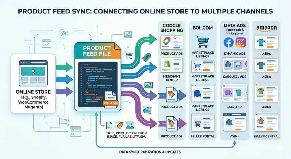 Diagramma dettagliato di sincronizzazione del feed di prodotto che mostra come un negozio online che utilizza Shopify, WooCommerce o Magento invia i dati dei prodotti tramite file di feed di prodotto XML e CSV a più canali di vendita e pubblicità, tra cui Google Shopping, Amazon, bol.com e Meta Ads. L'illustrazione spiega la gestione dei feed per i marketplace, la sincronizzazione automatica dell'inventario, la mappatura dei dati dei prodotti, l'integrazione con Merchant Center, la gestione ASIN, gli annunci dinamici, la sincronizzazione del catalogo e gli aggiornamenti in tempo reale dei feed di prodotto multicanale per l'e-commerce. 
