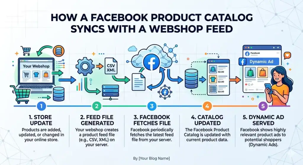 Processo di sincronizzazione del catalogo prodotti di Facebook che mostra come un negozio web genera un file feed di prodotto (CSV/XML), Facebook recupera il feed, aggiorna il catalogo prodotti e pubblica inserzioni dinamiche con i dati correnti dei prodotti per gli acquirenti.
