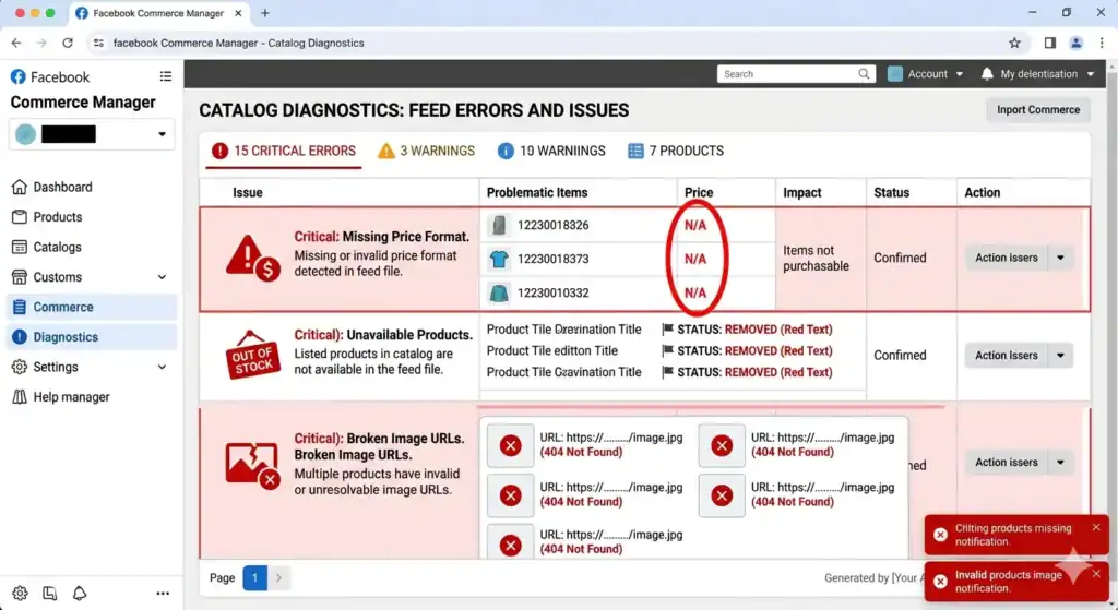 Screenshot di Facebook Commerce Manager Diagnostica del catalogo che mostra errori comuni del feed di prodotto, inclusi formati di prezzo mancanti, prodotti non disponibili, URL di immagini interrotti e problemi del catalogo che influenzano le inserzioni dinamiche di Facebook.