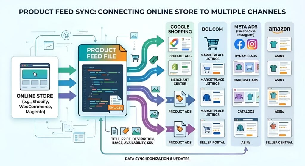 Diagramma dettagliato di sincronizzazione del feed di prodotto che mostra come un negozio online che utilizza Shopify, WooCommerce o Magento invia i dati dei prodotti tramite file di feed di prodotto XML e CSV a più canali di vendita e pubblicità, tra cui Google Shopping, Amazon, bol.com e Meta Ads. L'illustrazione spiega la gestione dei feed per i marketplace, la sincronizzazione automatica dell'inventario, la mappatura dei dati dei prodotti, l'integrazione con Merchant Center, la gestione ASIN, gli annunci dinamici, la sincronizzazione del catalogo e gli aggiornamenti in tempo reale dei feed di prodotto multicanale per l'e-commerce. 