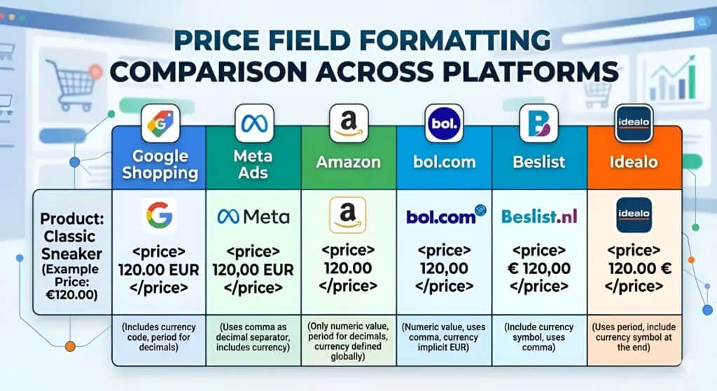 Tabella di confronto che mostra come i campi del prezzo del prodotto devono essere formattati in modo diverso tra piattaforme e-commerce e marketplace, tra cui Google Shopping, Meta Ads, Amazon, bol.com, Beslist e Idealo. Il diagramma spiega le regole di formattazione degli attributi del prezzo nel feed di prodotto, le differenze nella struttura dei prezzi XML, i requisiti di formattazione della valuta, i separatori decimali, le specifiche dei feed per i marketplace e la mappatura dei dati dei prodotti cross-platform per la gestione dei feed e-commerce multicanale. 