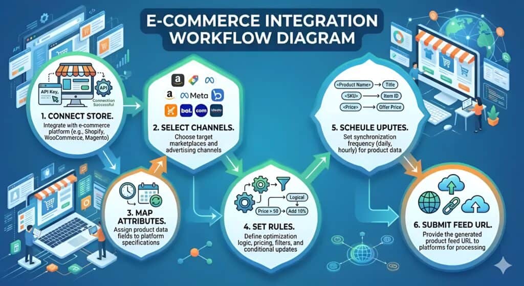 Diagramma del flusso di lavoro di integrazione e-commerce che mostra il processo completo di gestione dei feed di prodotto per la vendita multicanale. L'illustrazione spiega come i negozi Shopify, WooCommerce e Magento si connettono ai marketplace e ai canali pubblicitari, tra cui Amazon, Meta Ads, bol.com, Google Shopping e Idealo. Il flusso di lavoro include la mappatura degli attributi dei prodotti, le regole di ottimizzazione dei feed, la pianificazione della sincronizzazione dell'inventario, la trasformazione dei dati dei prodotti, gli aggiornamenti automatici dei feed e l'invio dell'URL del feed per l'integrazione con i marketplace e l'automazione delle inserzioni di prodotti.  
