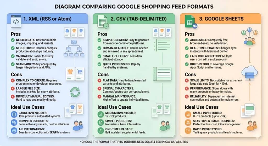 Infografica che confronta i formati dei feed di Google Shopping: XML, CSV e Fogli Google, inclusi pro, contro e casi d'uso ideali per diverse dimensioni di negozi e-commerce ed esigenze di automazione.
