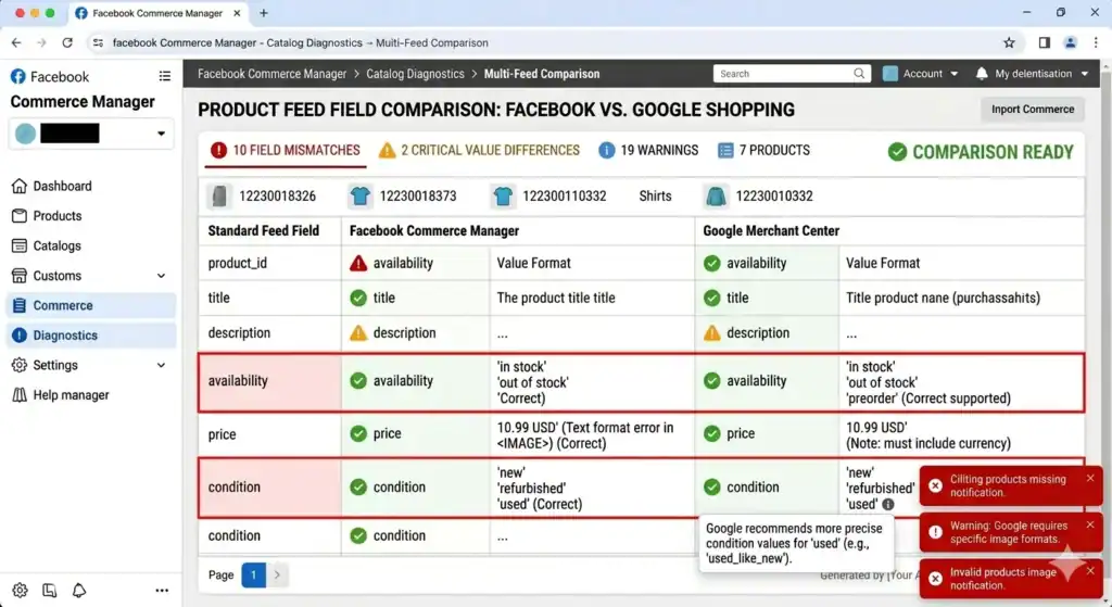 Tabella comparativa che mostra le differenze tra i campi del feed di prodotto di Facebook Commerce Manager e Google Merchant Center, inclusi disponibilità, formattazione del prezzo, valori delle condizioni e avvisi comuni di discrepanza del feed su entrambe le piattaforme.
