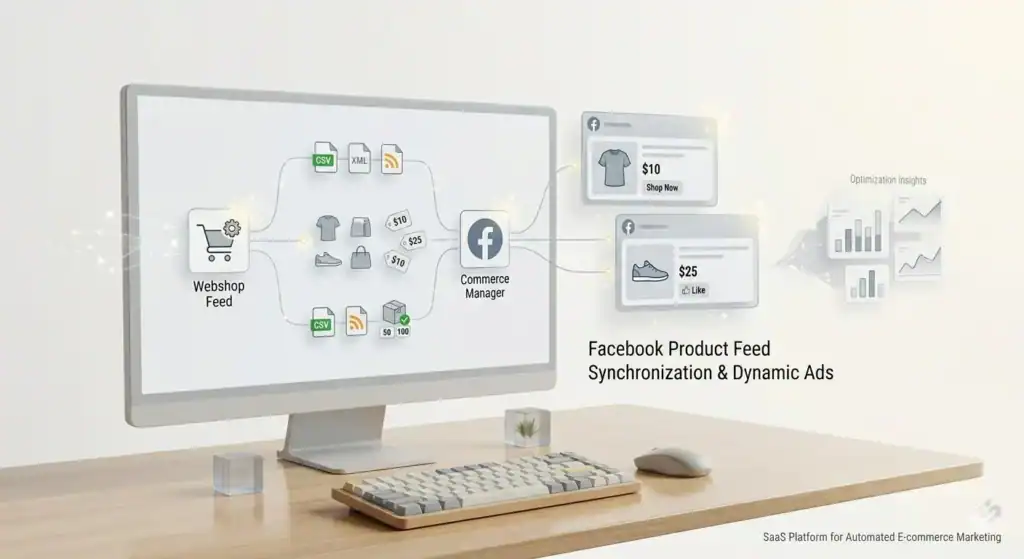Illustrazione di uno spazio di lavoro minimalista che mostra un feed di prodotto di un negozio web collegato a Facebook Commerce Manager, con sincronizzazione automatica dei prodotti, inserzioni dinamiche di Facebook, dati sui prezzi e analisi e-commerce su uno sfondo chiaro e pulito.
