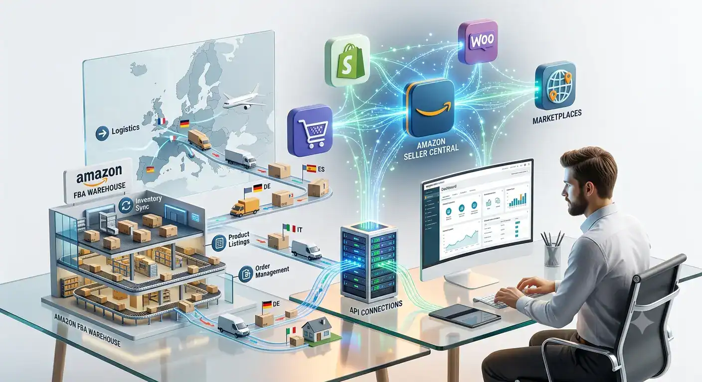Illustrazione hero che mostra un commerciante e-commerce europeo che vende su Amazon con integrazione Shopify e WooCommerce, Amazon Seller Central, sincronizzazione dell'inventario, inserzioni di prodotti e gestione degli ordini multicanale.