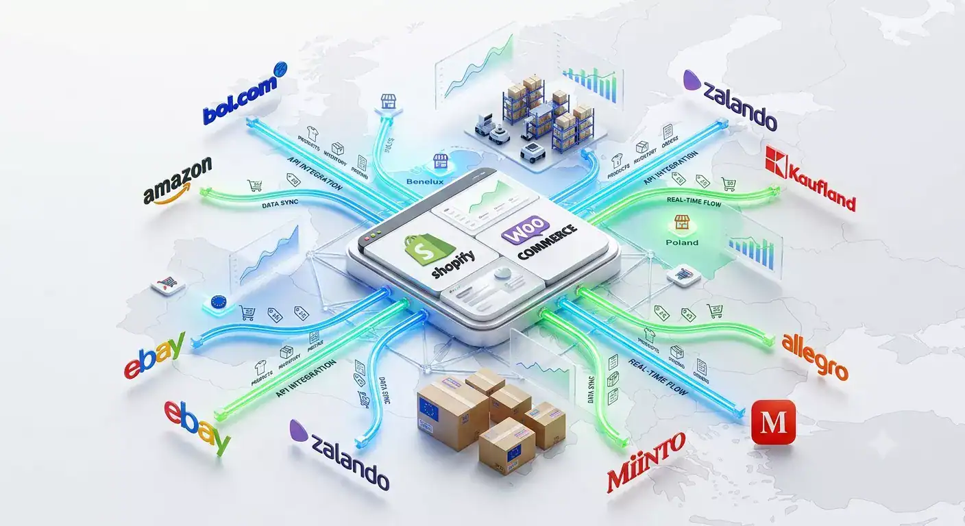 Illustrazione in evidenza che mostra la gestione dell'e-commerce multicanale con Amazon, bol.com, Zalando, Kaufland, eBay, Allegro, Miinto, Shopify e WooCommerce collegati tramite sincronizzazione dell'inventario in tempo reale, gestione degli ordini e integrazioni con i marketplace in tutta Europa.