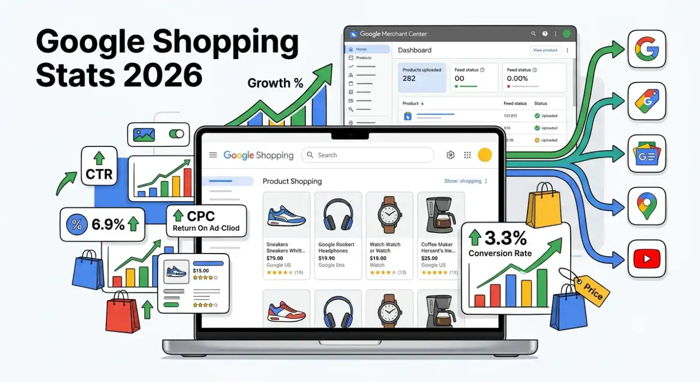 Illustrazione in evidenza per le Statistiche di Google Shopping 2026 che mostra Google Shopping, Google Merchant Center, dashboard di analisi e-commerce, feed di prodotto e metriche di performance tra cui CTR, CPC, ROAS e tassi di conversione.