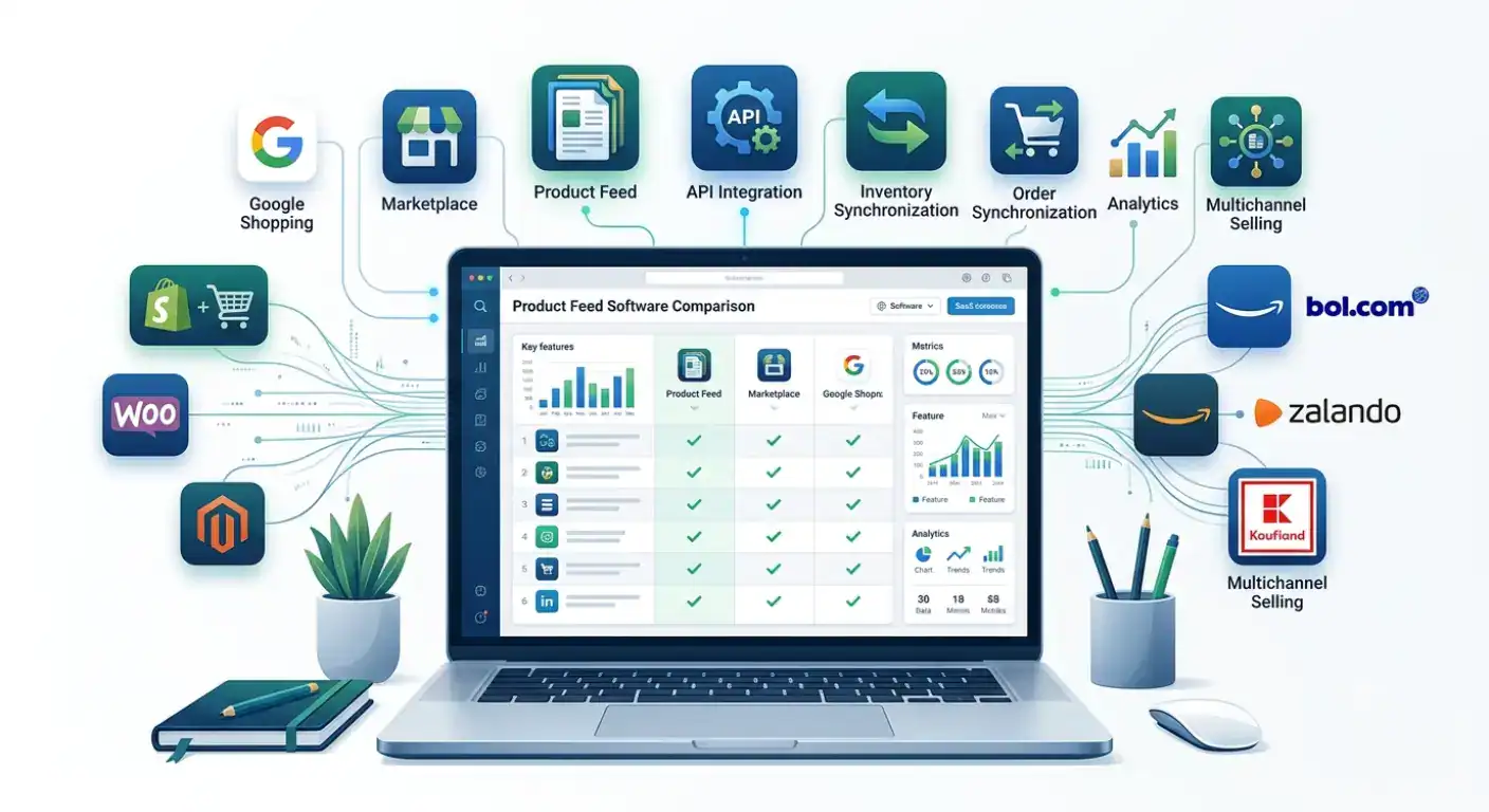 Illustrazione in evidenza che confronta i software di gestione del feed di prodotto per l'e-commerce, mostrando la distribuzione multicanale del feed di prodotto, l'integrazione API con i marketplace, la sincronizzazione degli ordini, la sincronizzazione dell'inventario e le connessioni tra Shopify, WooCommerce, Google Shopping, Amazon, bol.com, Zalando e altri canali di vendita europei per aiutare i merchant a scegliere il miglior software per il feed di prodotto.