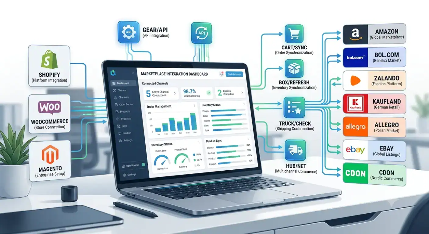 Illustrazione in evidenza che mostra il software di integrazione marketplace che collega i negozi Shopify, WooCommerce e Magento ai marketplace europei tramite integrazione API bidirezionale. L'immagine rappresenta le inserzioni di prodotto automatizzate, la sincronizzazione degli ordini, la sincronizzazione dell'inventario, gli aggiornamenti delle spedizioni e la vendita multicanale su Amazon, bol.com, Zalando, Kaufland, Allegro, eBay e altri marketplace europei.