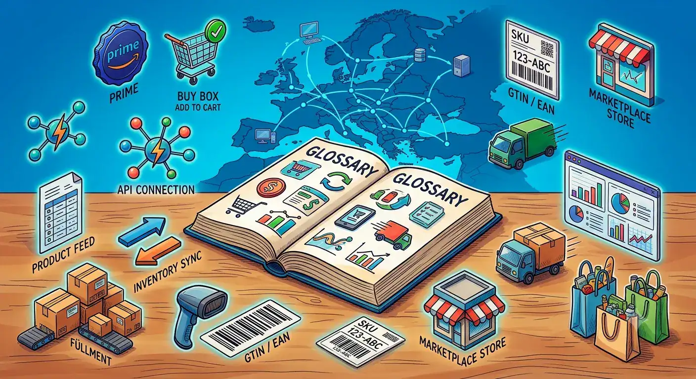 Illustrazione del glossario marketplace che mostra Amazon Prime, Buy Box, connessione API, feed di prodotto, sincronizzazione inventario, SKU, GTIN/EAN, fulfillment, negozio marketplace e concetti di integrazione e-commerce europea.