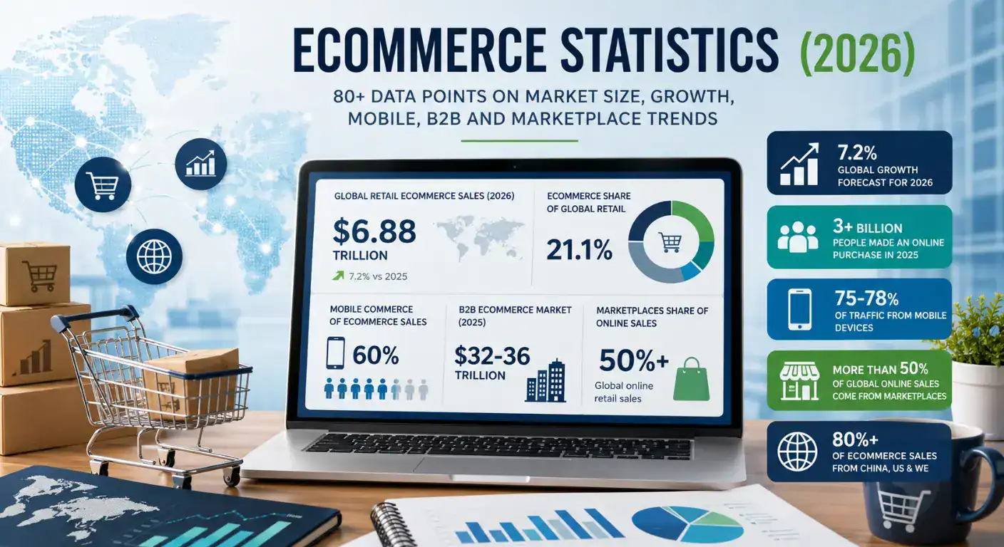 Illustrazione in evidenza che riassume le principali statistiche ecommerce per il 2026, tra cui le dimensioni del mercato ecommerce globale, la crescita delle vendite al dettaglio, il mobile commerce, l'ecommerce B2B, le tendenze dei marketplace online e gli approfondimenti sull'ecommerce europeo. L'infografica evidenzia i principali dati del settore, le previsioni di mercato e le tendenze del commercio digitale per i rivenditori online e le aziende di ecommerce.