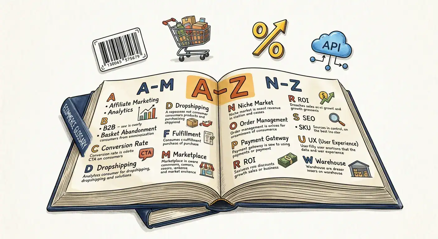 Illustrazione del glossario e-commerce con termini e-commerce dalla A alla Z, gestione dei feed di prodotto, integrazione marketplace, API, evasione ordini, gestione dell'inventario e concetti di vendita online.
